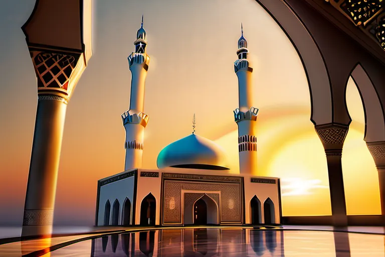 A serene mosque at sunset with the words 'Islamic Ethics' written in Arabic script. - Islamic ethics