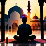 A serene image of a mosque at sunset with a person meditating in the foreground. - Islamic Psychology