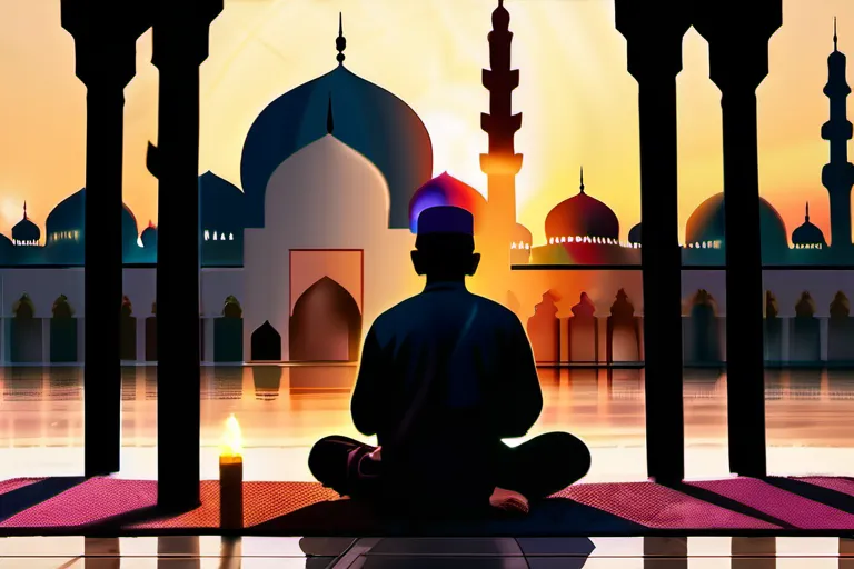 A serene image of a mosque at sunset with a person meditating in the foreground. - Islamic Psychology