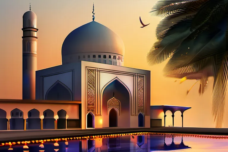 A serene mosque at sunset, symbolizing peace and tranquility, with the title 'Understanding the Central Principles of Islamic Values' superimposed. - Islamic Values