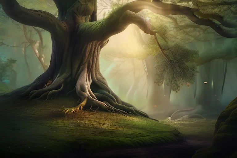 A serene image of a forest clearing with an ancient tree, symbolizing the enduring wisdom and spirituality found within the works of J.R.R. Tolkien. - J.R.R. Tolkien Religion