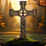 Create an image of a beautifully crafted pagan cross set against a backdrop of nature, with intricate carvings and symbols that represent the various aspects of its history and meaning. - pagan crosses