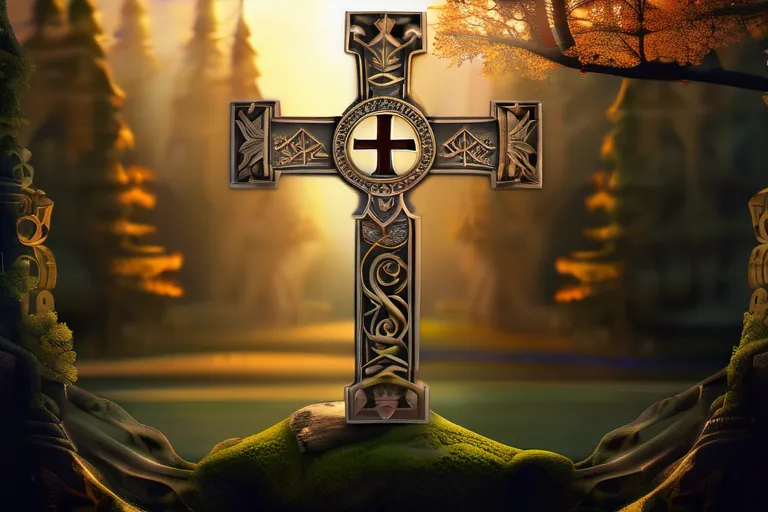 Create an image of a beautifully crafted pagan cross set against a backdrop of nature, with intricate carvings and symbols that represent the various aspects of its history and meaning. - pagan crosses