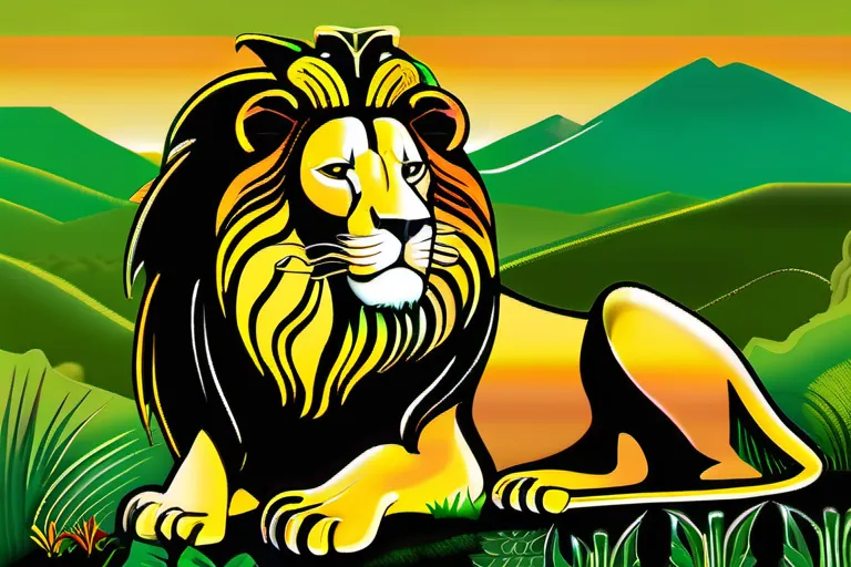 A vibrant image featuring the Lion of Judah, a prominent symbol in Rastafarian culture, against a backdrop of lush green mountains and Ethiopian landscapes. - Rastafarian Bible