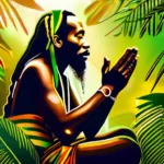 A serene image of a Rastafarian elder in prayer, surrounded by lush Jamaican greenery. - Rastafarian Prayer Principles