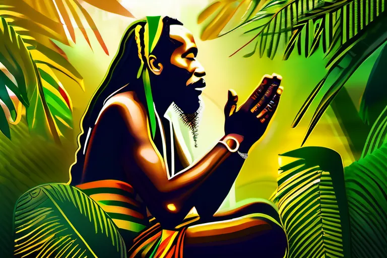 A serene image of a Rastafarian elder in prayer, surrounded by lush Jamaican greenery. - Rastafarian Prayer Principles