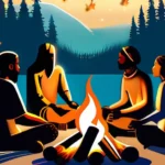 A serene image of a group of people from various cultures gathered around a campfire, symbolizing unity and shared beliefs. - spirituality, religion, principles