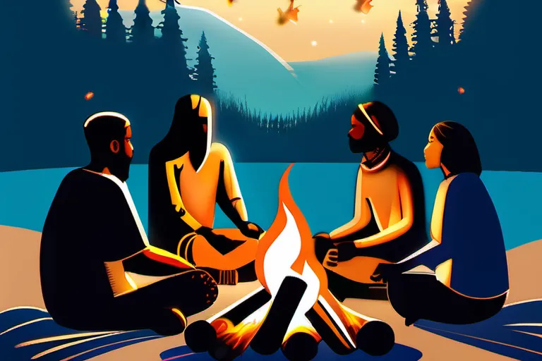 A serene image of a group of people from various cultures gathered around a campfire, symbolizing unity and shared beliefs. - spirituality, religion, principles