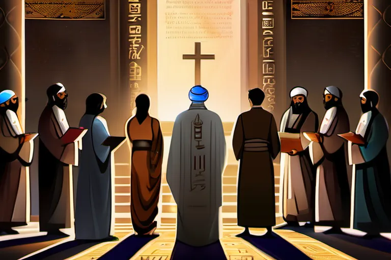 A diverse group of people standing together, representing various religions, with a backdrop of ancient religious texts. - Abrahamic beliefs comparison