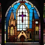 A stained-glass window depicting an Anglican church with symbols representing various Christian denominations in the background. - Anglican beliefs