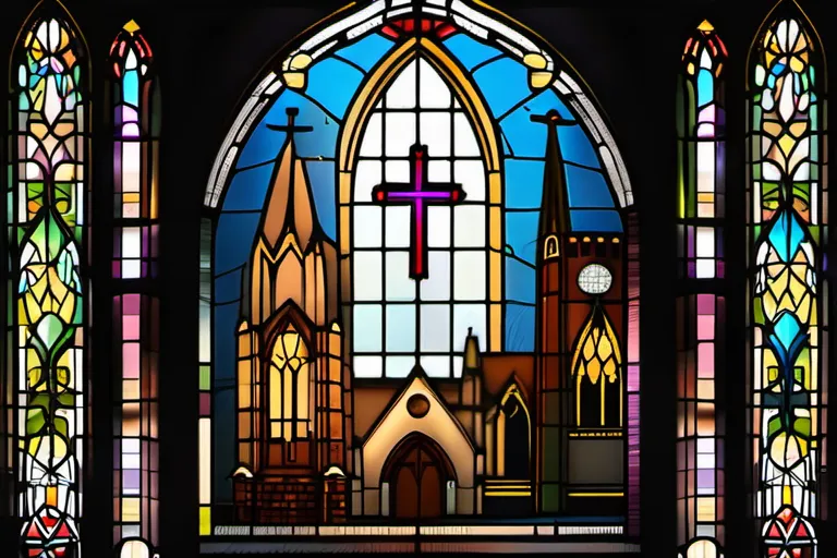 A stained-glass window depicting an Anglican church with symbols representing various Christian denominations in the background. - Anglican beliefs