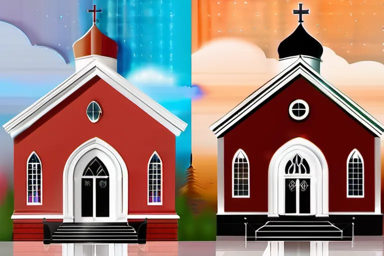 A side-by-side comparison of a Baptist church and another religious building, symbolizing the exploration of differences between Baptist and other beliefs. - Baptist Religion Beliefs