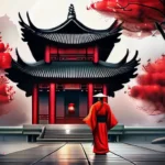 A serene image of an ancient Chinese temple with a red lantern and a scholar in traditional attire, symbolizing the wisdom and tranquility of Confucianism. - Confucianism Differences