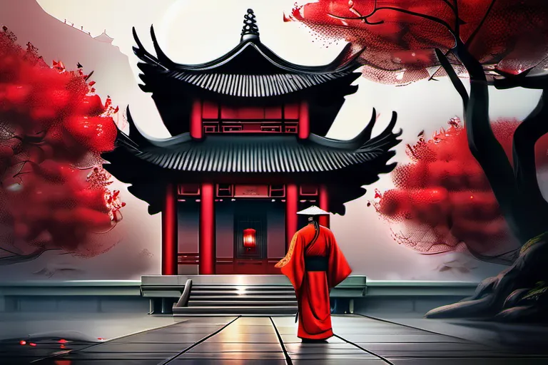 A serene image of an ancient Chinese temple with a red lantern and a scholar in traditional attire, symbolizing the wisdom and tranquility of Confucianism. - Confucianism Differences