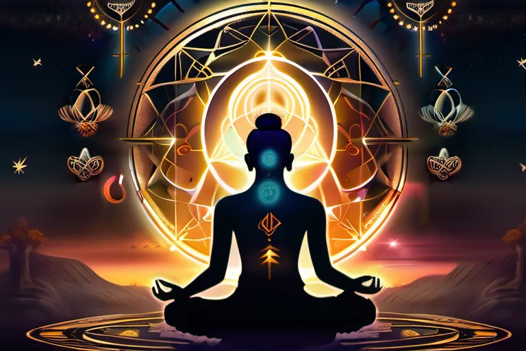 A mystical, spiritual scene featuring a person meditating or praying, surrounded by symbols and imagery associated with esotericism. - Esoteric Christianity