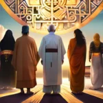 A visually appealing cover image featuring a diverse group of people from various cultures, standing together under a sky filled with symbols representing different religions. - religion differences