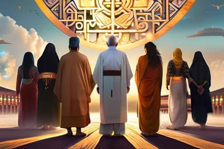 A visually appealing cover image featuring a diverse group of people from various cultures, standing together under a sky filled with symbols representing different religions. - religion differences