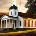 An image depicting a colonial-era church with a portrait of George Washington in the foreground, symbolizing the intersection of religion and American history. - George Washington religion