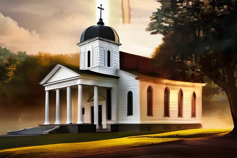 An image depicting a colonial-era church with a portrait of George Washington in the foreground, symbolizing the intersection of religion and American history. - George Washington religion