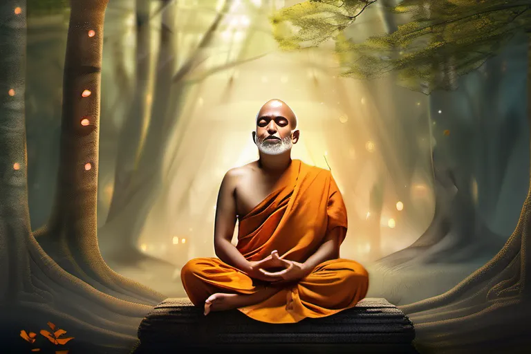 A serene image of a Jain monk meditating in a peaceful forest setting. - Jainism beliefs