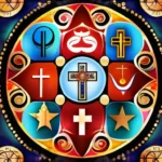 A colorful mosaic depicting various religious symbols from around the world. - religion differences