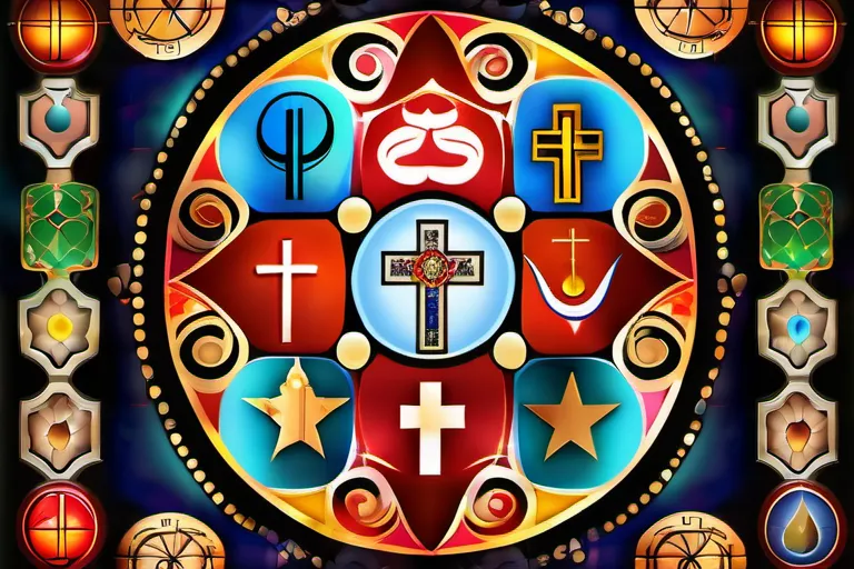 A colorful mosaic depicting various religious symbols from around the world. - religion differences