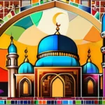 A vibrant, colorful mosaic showcasing a mosque, a church, and a temple, symbolizing the diversity of religions. - Muslim Islam vs Other Beliefs