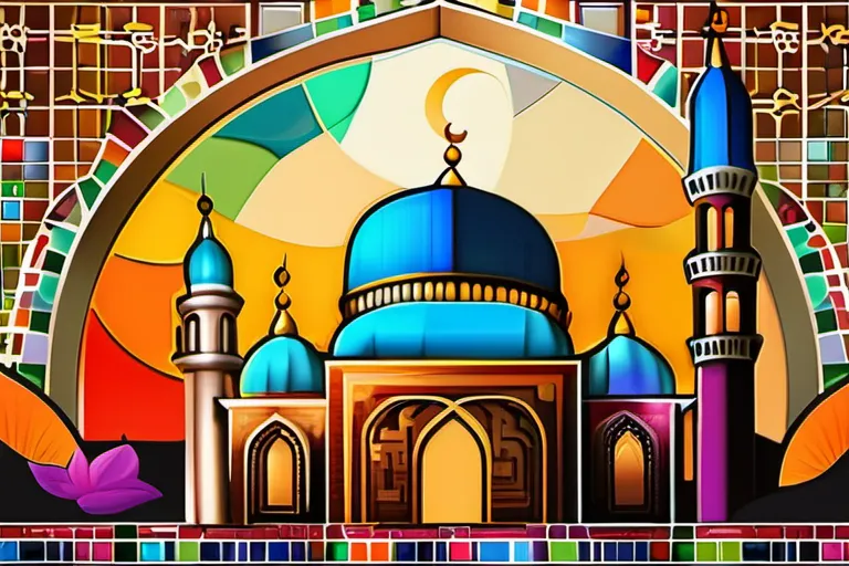 A vibrant, colorful mosaic showcasing a mosque, a church, and a temple, symbolizing the diversity of religions. - Muslim Islam vs Other Beliefs