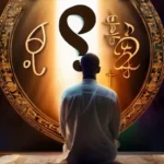 A thoughtful individual contemplating a question mark against a backdrop of diverse religious symbols. - Muslim Skepticism