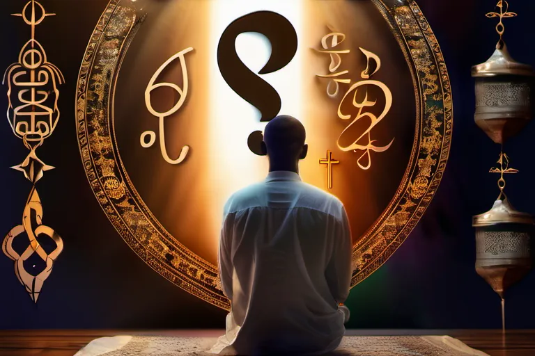 A thoughtful individual contemplating a question mark against a backdrop of diverse religious symbols. - Muslim Skepticism