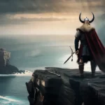 A dramatic, stylized image depicting a Viking warrior standing on a cliff overlooking the sea, with runes etched into the foreground. - Norse Pagan Religion