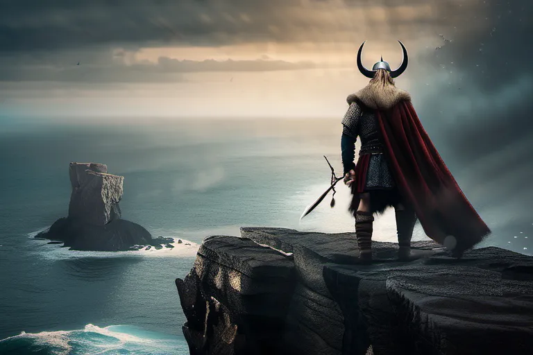 A dramatic, stylized image depicting a Viking warrior standing on a cliff overlooking the sea, with runes etched into the foreground. - Norse Pagan Religion