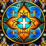 A colorful mosaic of various religious symbols representing different belief systems. - world religions