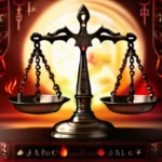 A visually striking image depicting a balance scale with symbols of Satanism on one side and various religious symbols on the other, symbolizing the comparison of beliefs. - Satanism, Beliefs, Comparison