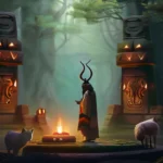 An image depicting a serene forest scene with a shaman standing before an ancient stone altar, surrounded by various totem animals. - oldest religion, belief systems, comparative religions