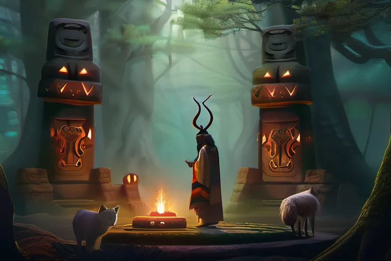 An image depicting a serene forest scene with a shaman standing before an ancient stone altar, surrounded by various totem animals. - oldest religion, belief systems, comparative religions