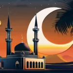 A mosque at sunset with a crescent moon in the sky. - Islam, Five Pillars, Religious Differences