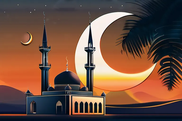 A mosque at sunset with a crescent moon in the sky. - Islam, Five Pillars, Religious Differences