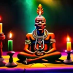 A vibrant, colorful image featuring a Haitian Voodoo altar with various symbols, such as candles, drums, and statues of Loa (Voodoo spirits). - Voodoo beliefs