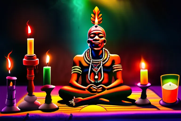 A vibrant, colorful image featuring a Haitian Voodoo altar with various symbols, such as candles, drums, and statues of Loa (Voodoo spirits). - Voodoo beliefs