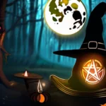 A mystical forest scene with a full moon, a pentacle, and a witch's hat in the foreground - Wiccan beliefs