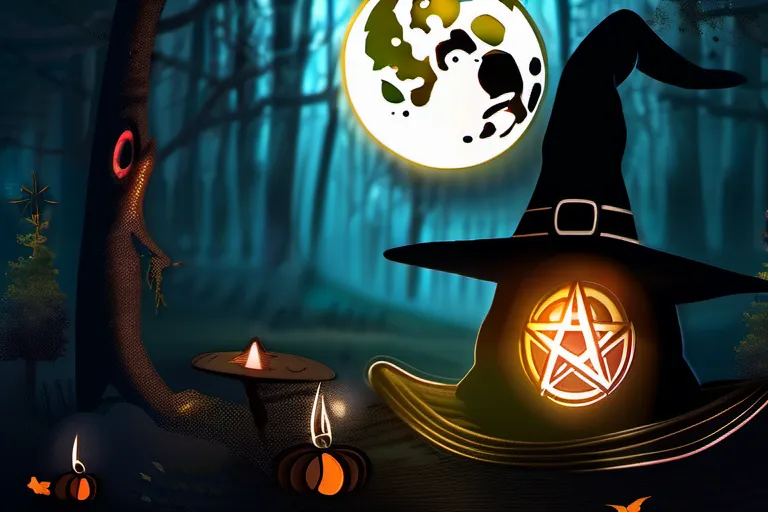 A mystical forest scene with a full moon, a pentacle, and a witch's hat in the foreground - Wiccan beliefs