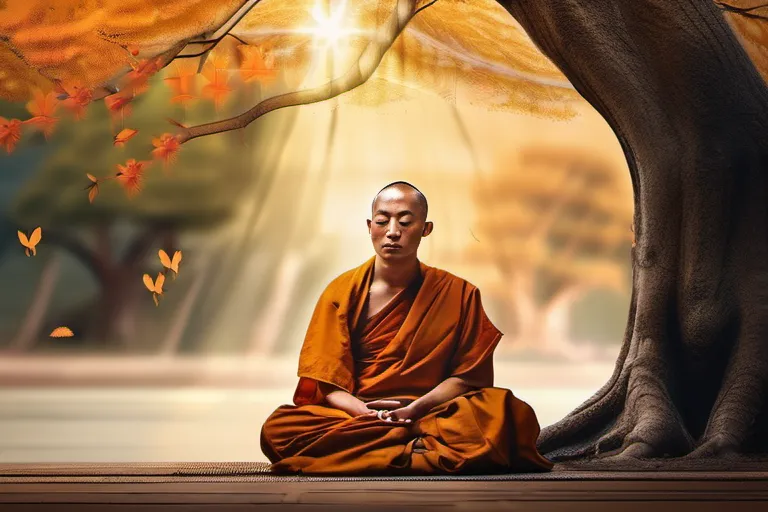 A serene image of a Buddhist monk meditating under a tree, symbolizing wisdom and enlightenment. - Four Noble Truths