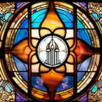 A stained-glass window depicting various religious symbols, symbolizing unity in diversity among monotheistic faiths. - monotheism, key teachings, religions