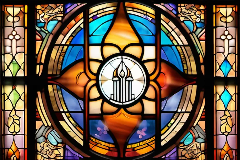 A stained-glass window depicting various religious symbols, symbolizing unity in diversity among monotheistic faiths. - monotheism, key teachings, religions