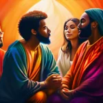 A dynamic, colorful image depicting a diverse group of individuals engaged in thoughtful dialogue, symbolizing the exploration of different perspectives on Christianity. - key teachings of confronting christianity