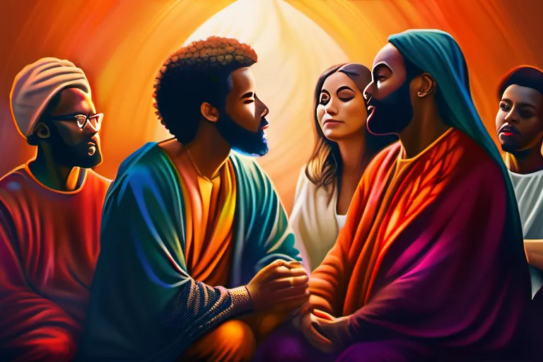 A dynamic, colorful image depicting a diverse group of individuals engaged in thoughtful dialogue, symbolizing the exploration of different perspectives on Christianity. - key teachings of confronting christianity