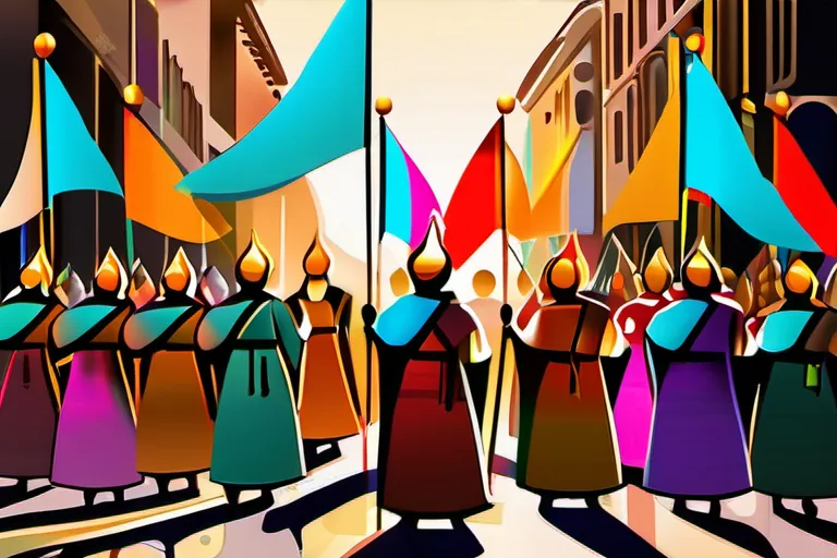 A vibrant image depicting a folk Catholic procession with colorful banners, statues, and devotees. - Folk Catholicism