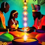 A vibrant, colorful image depicting a Vodou ceremony with various deities and practitioners. - Haitian Religion, Vodou, Cultural Significance