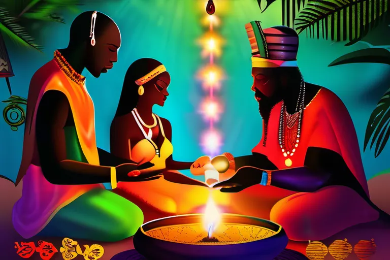 A vibrant, colorful image depicting a Vodou ceremony with various deities and practitioners. - Haitian Religion, Vodou, Cultural Significance